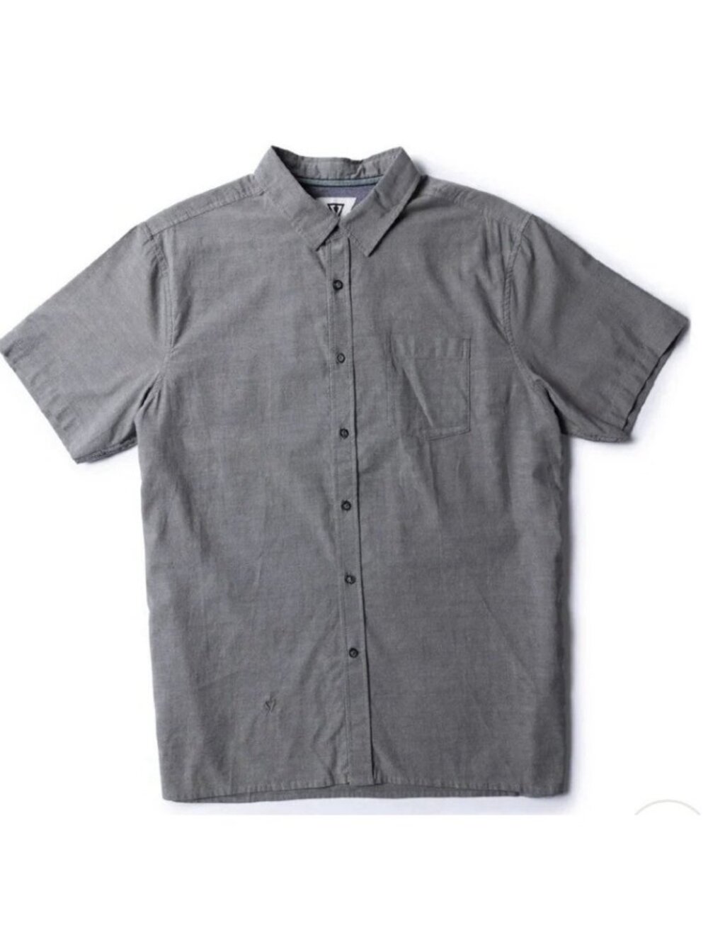 Vissla Mens Large Boxy Fit Short Sleeve Button Up Shirt Gray Organic Cotton
